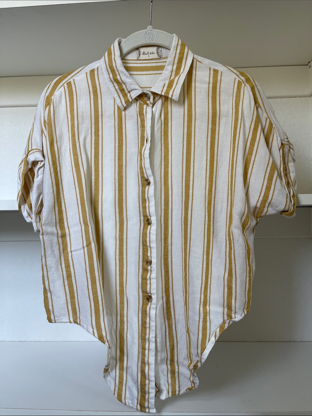 Altar'd State White and Mustard Striped Short Sleeve Button-Down